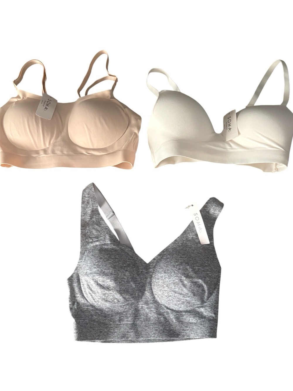 SOMA NWT LOT of 3 Seamless Comfort Bra - Nude, White & Gray — NWT!!!